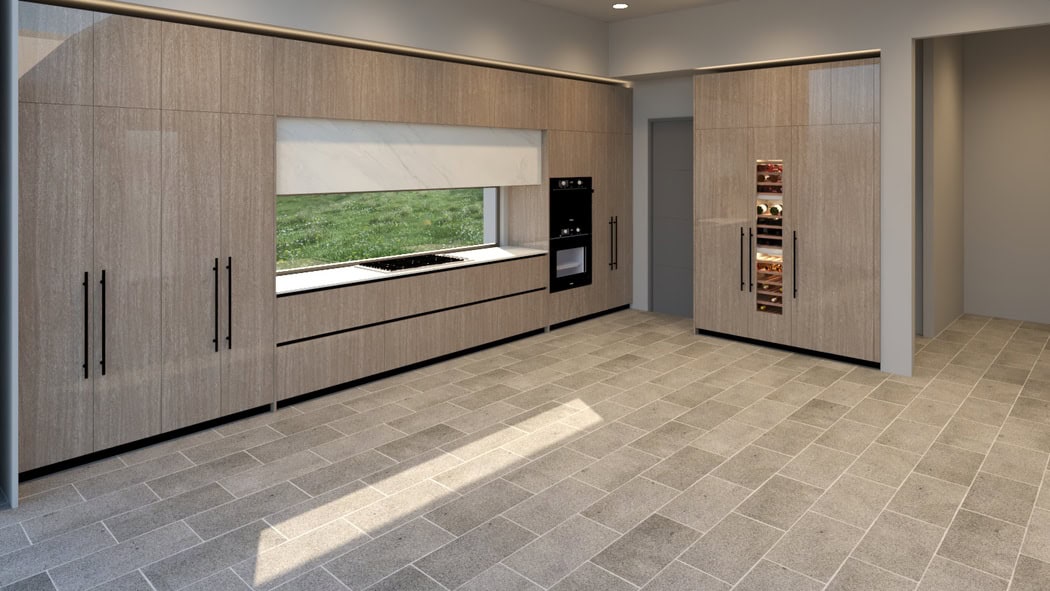 European kitchen island with material variations by Foscari Interiors