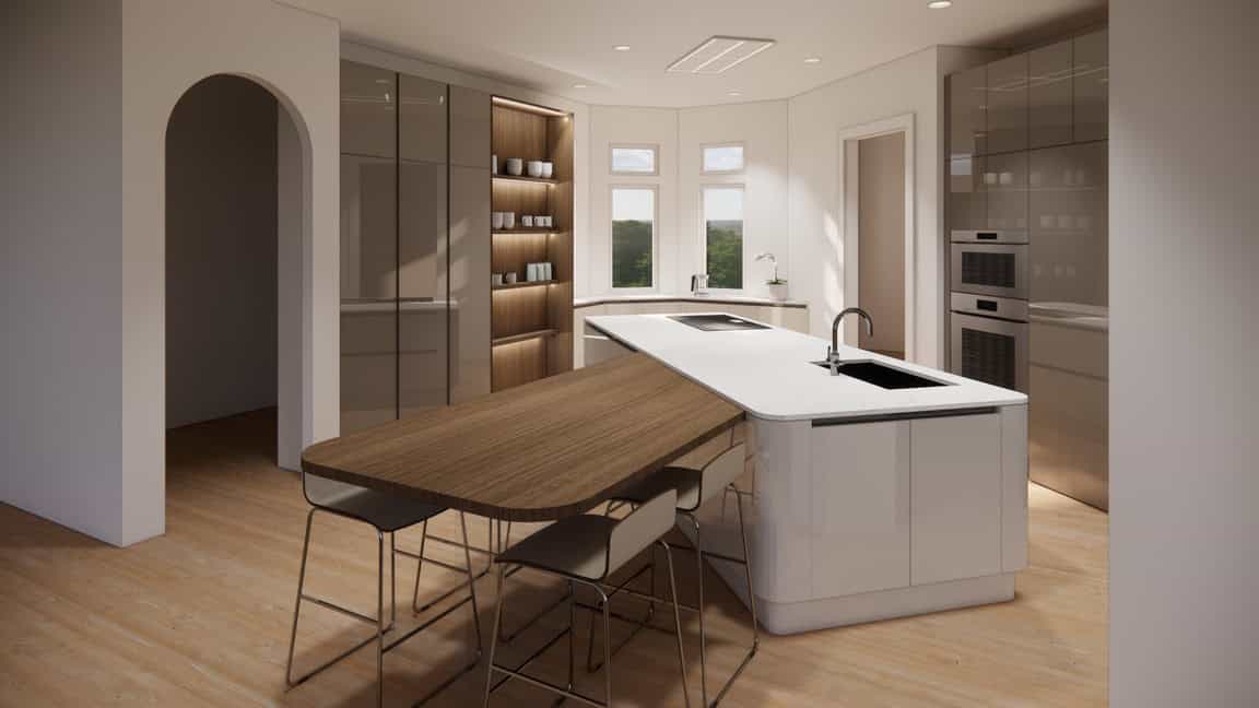 European kitchen island with integrated dining area by Foscari Interiors