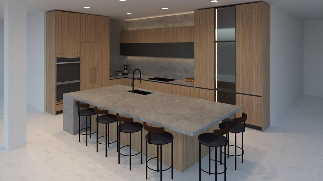 European cabinetry combining wood, glass, and stone by Foscari Interiors