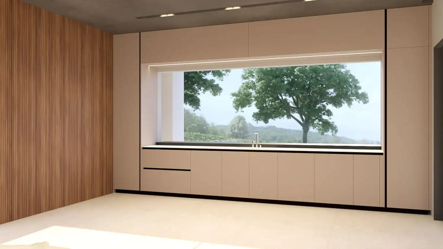 Built-in window storage cabinetry rendering by Foscari Interiors