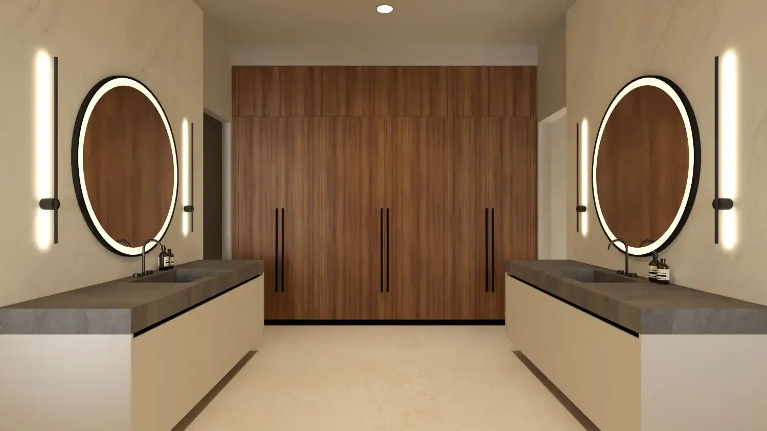 Double bathroom vanity rendering by Foscari Interiors