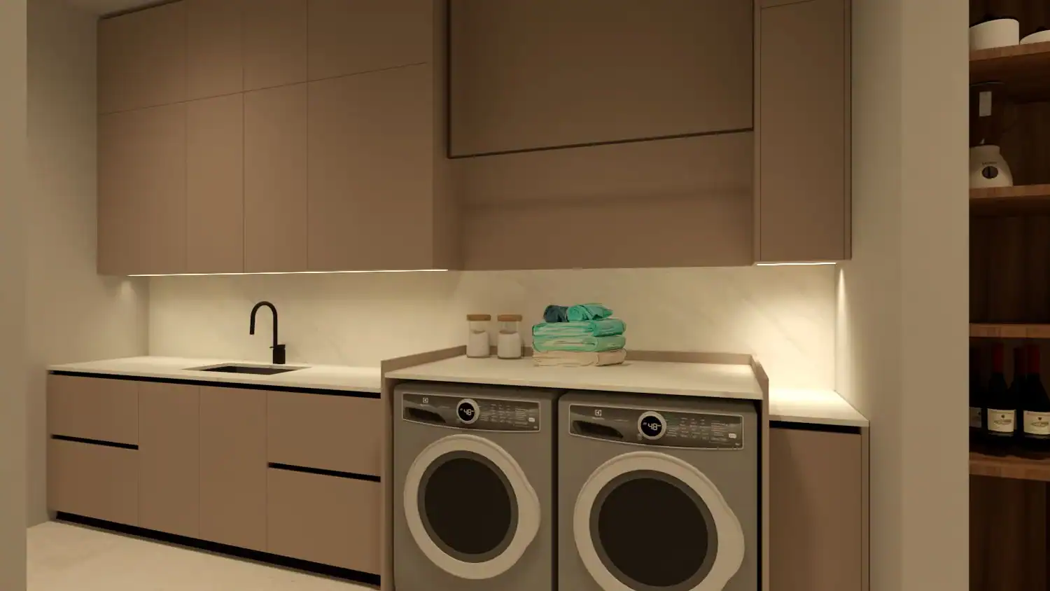 Laundry room cabinetry rendering by Foscari Interiors