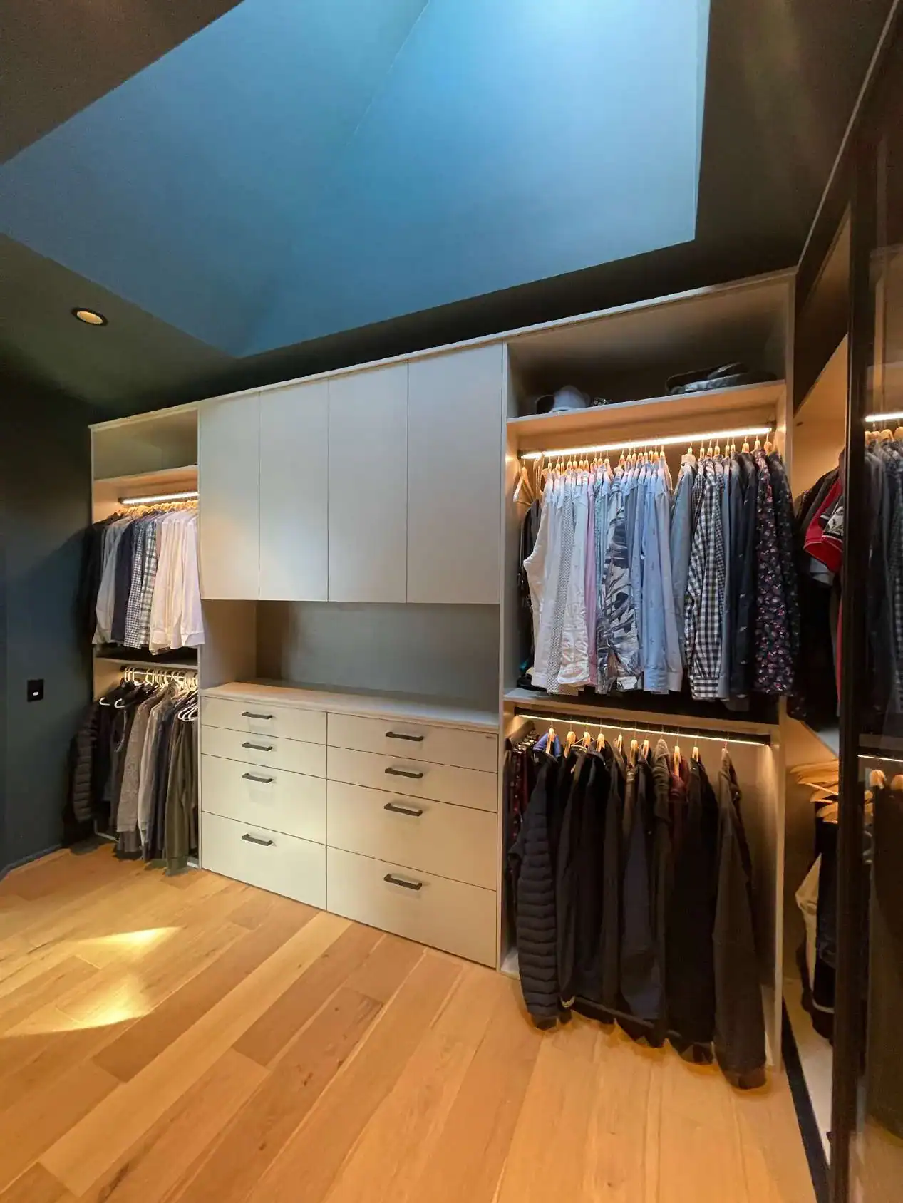 Custom closet and wardrobe system displayed at Foscari's Houston showroom